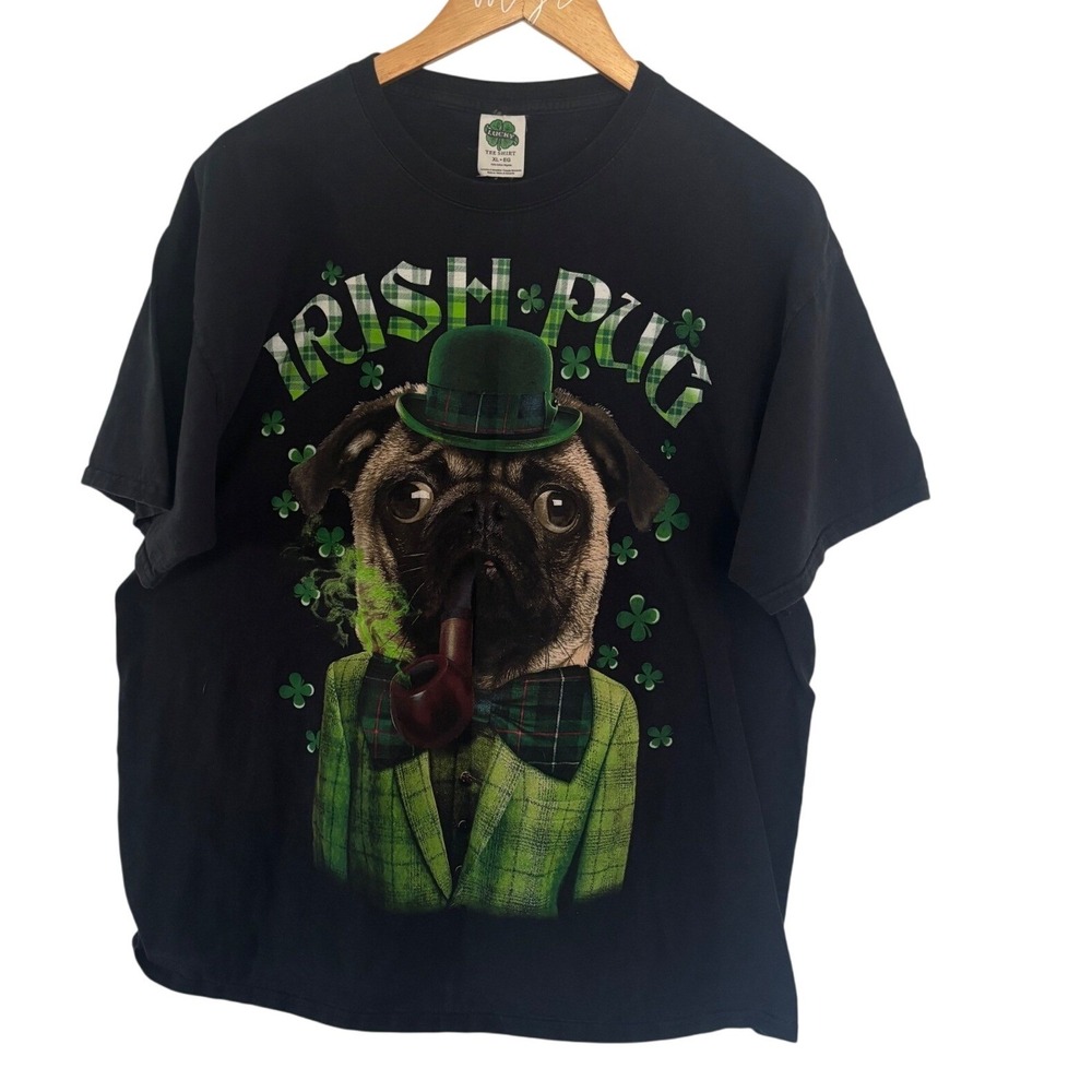Lucky Tee Shirt Mens XL Black Irish Pug‎ St Patricks Day Graphic T-Shirt Cotton